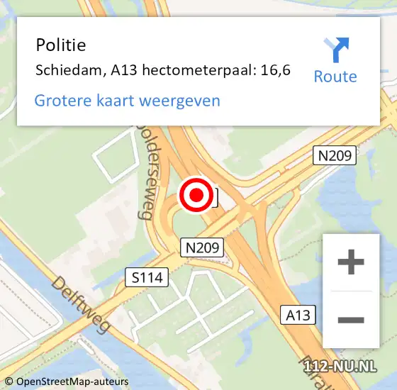 Locatie op kaart van de 112 melding: Politie Schiedam, A13 hectometerpaal: 16,6 op 29 november 2024 16:06