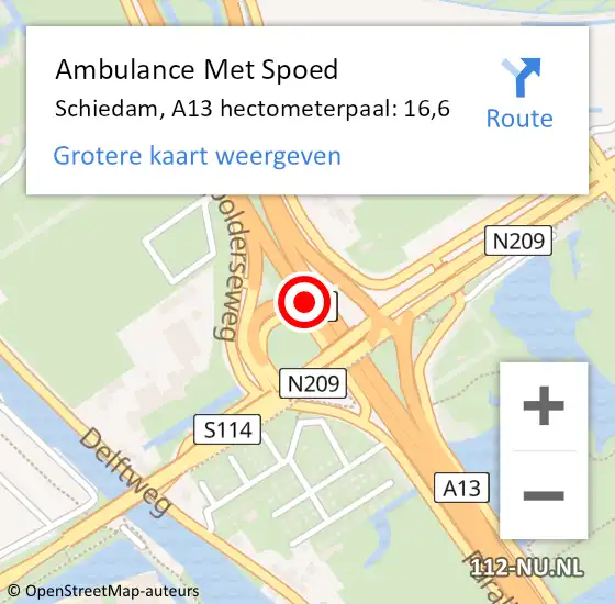 Locatie op kaart van de 112 melding: Ambulance Met Spoed Naar Schiedam, A13 hectometerpaal: 16,6 op 29 november 2024 16:07