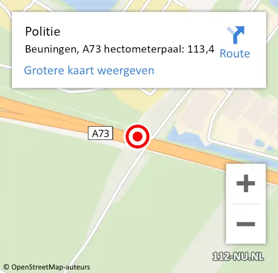 Locatie op kaart van de 112 melding: Politie Beuningen, A73 hectometerpaal: 113,4 op 29 november 2024 16:53