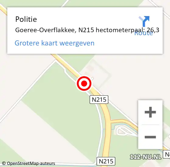 Locatie op kaart van de 112 melding: Politie Goeree-Overflakkee, N215 hectometerpaal: 26,3 op 29 november 2024 16:59