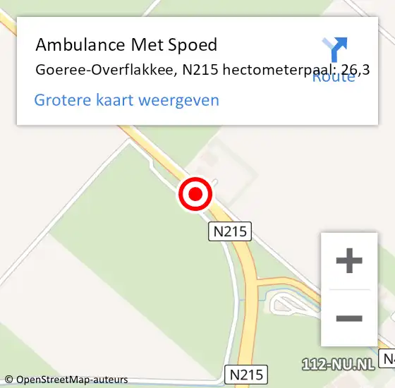 Locatie op kaart van de 112 melding: Ambulance Met Spoed Naar Goeree-Overflakkee, N215 hectometerpaal: 26,3 op 29 november 2024 17:01