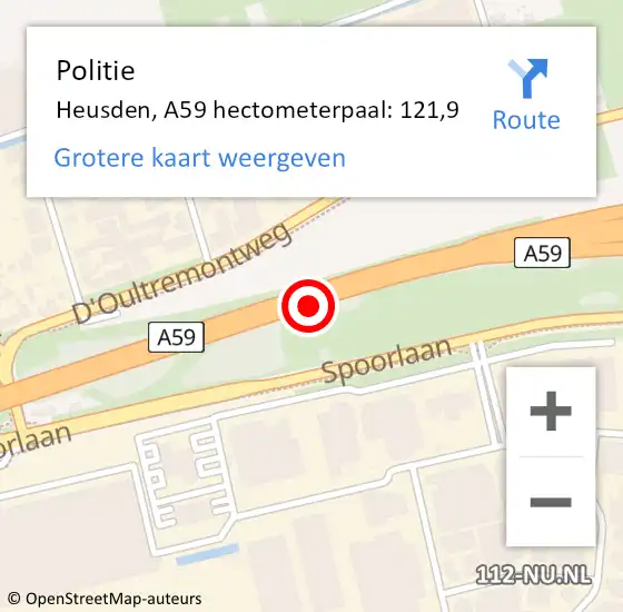 Locatie op kaart van de 112 melding: Politie Heusden, A59 hectometerpaal: 121,9 op 29 november 2024 17:25