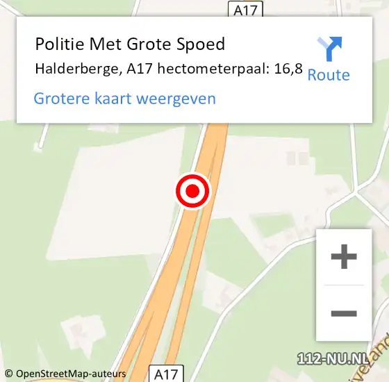 Locatie op kaart van de 112 melding: Politie Met Grote Spoed Naar Halderberge, A17 hectometerpaal: 16,8 op 29 november 2024 17:33