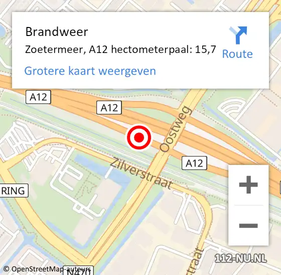 Locatie op kaart van de 112 melding: Brandweer Zoetermeer, A12 hectometerpaal: 15,7 op 29 november 2024 17:40