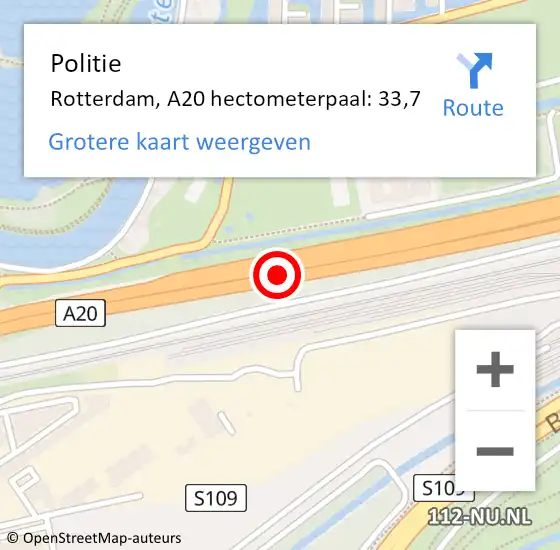 Locatie op kaart van de 112 melding: Politie Rotterdam, A20 hectometerpaal: 33,7 op 29 november 2024 17:51