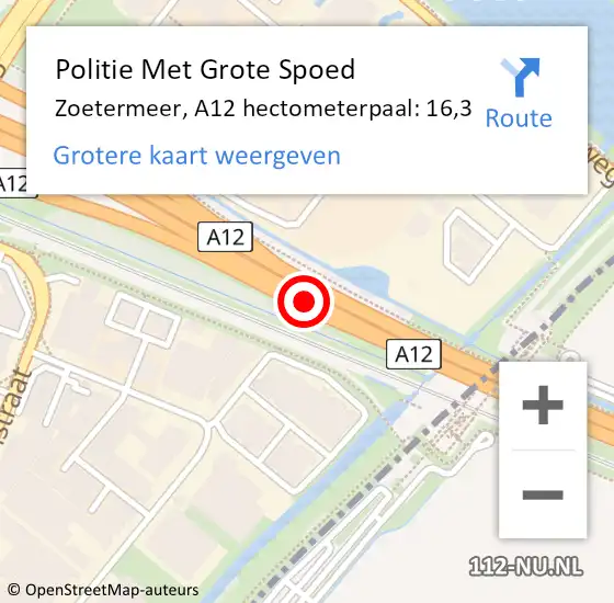 Locatie op kaart van de 112 melding: Politie Met Grote Spoed Naar Zoetermeer, A12 hectometerpaal: 16,3 op 29 november 2024 17:57