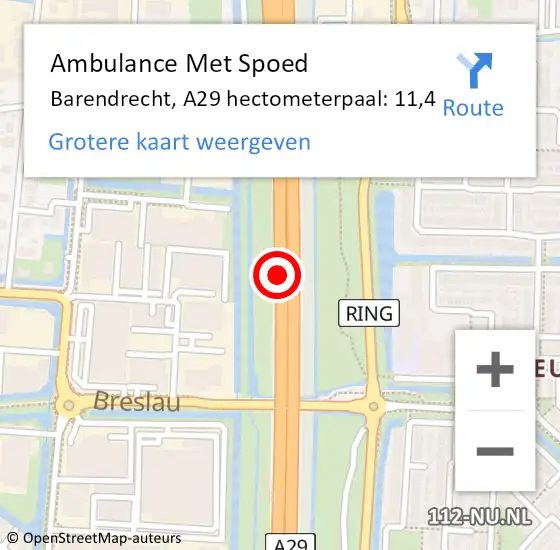 Locatie op kaart van de 112 melding: Ambulance Met Spoed Naar Barendrecht, A29 hectometerpaal: 11,4 op 29 november 2024 18:24