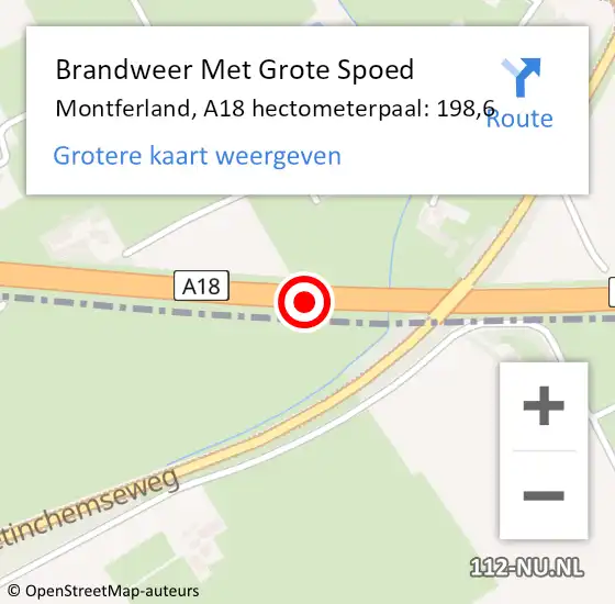 Locatie op kaart van de 112 melding: Brandweer Met Grote Spoed Naar Montferland, A18 hectometerpaal: 198,6 op 29 november 2024 18:34