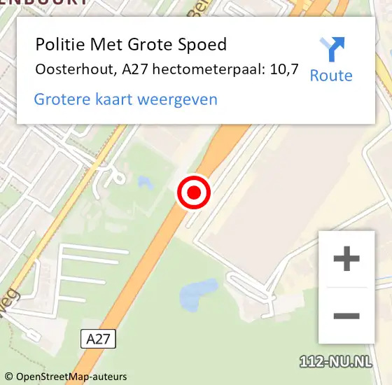 Locatie op kaart van de 112 melding: Politie Met Grote Spoed Naar Oosterhout, A27 hectometerpaal: 10,7 op 29 november 2024 19:48