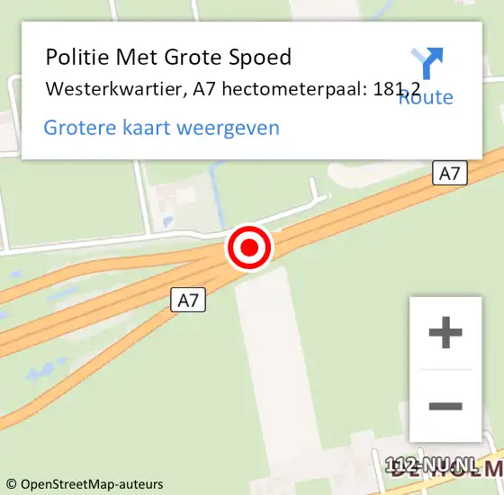 Locatie op kaart van de 112 melding: Politie Met Grote Spoed Naar Westerkwartier, A7 hectometerpaal: 181,2 op 29 november 2024 20:52