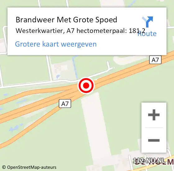 Locatie op kaart van de 112 melding: Brandweer Met Grote Spoed Naar Westerkwartier, A7 hectometerpaal: 181,2 op 29 november 2024 20:56