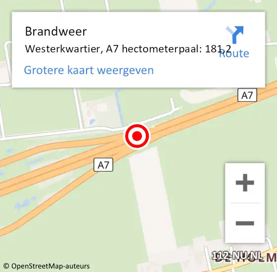 Locatie op kaart van de 112 melding: Brandweer Westerkwartier, A7 hectometerpaal: 181,2 op 29 november 2024 21:00