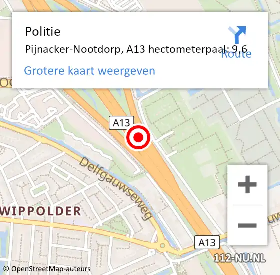 Locatie op kaart van de 112 melding: Politie Pijnacker-Nootdorp, A13 hectometerpaal: 9,6 op 29 november 2024 21:57