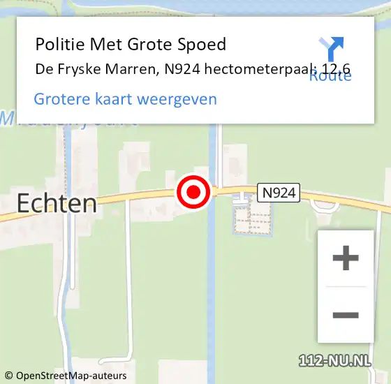 Locatie op kaart van de 112 melding: Politie Met Grote Spoed Naar De Fryske Marren, N924 hectometerpaal: 12,6 op 29 november 2024 22:25