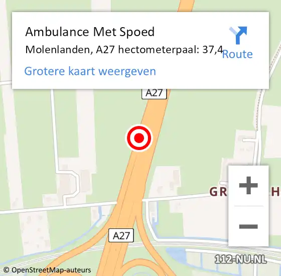 Locatie op kaart van de 112 melding: Ambulance Met Spoed Naar Molenlanden, A27 hectometerpaal: 37,4 op 29 november 2024 22:52