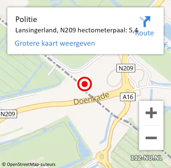 Locatie op kaart van de 112 melding: Politie Lansingerland, N209 hectometerpaal: 5,4 op 29 november 2024 23:26