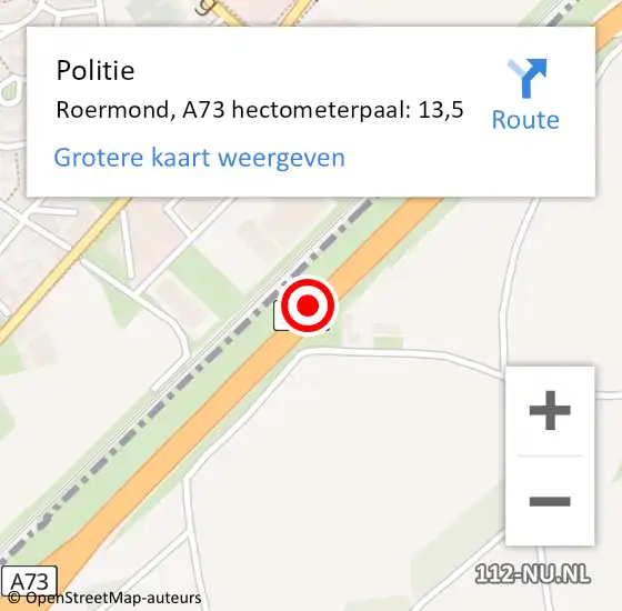 Locatie op kaart van de 112 melding: Politie Roermond, A73 hectometerpaal: 13,5 op 30 november 2024 02:10