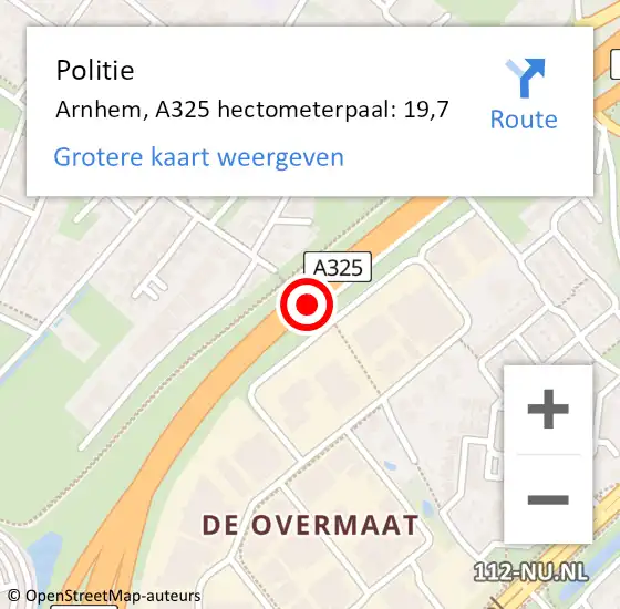 Locatie op kaart van de 112 melding: Politie Arnhem, A325 hectometerpaal: 19,7 op 30 november 2024 04:55