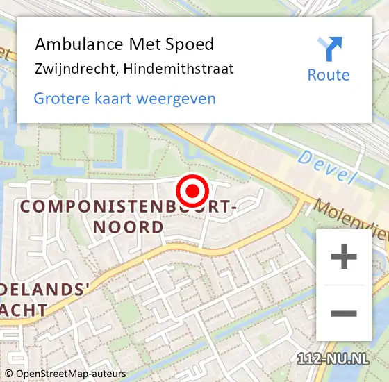 Locatie op kaart van de 112 melding: Ambulance Met Spoed Naar Zwijndrecht, Hindemithstraat op 30 november 2024 08:25