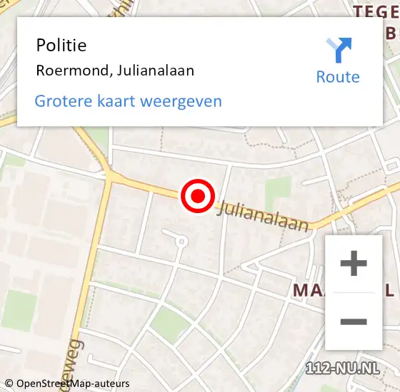 Locatie op kaart van de 112 melding: Politie Roermond, Julianalaan op 30 november 2024 10:12