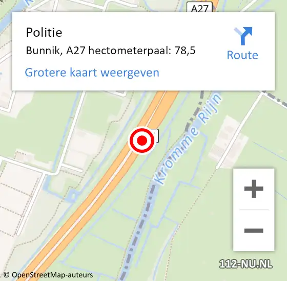 Locatie op kaart van de 112 melding: Politie Bunnik, A27 hectometerpaal: 78,5 op 30 november 2024 13:48