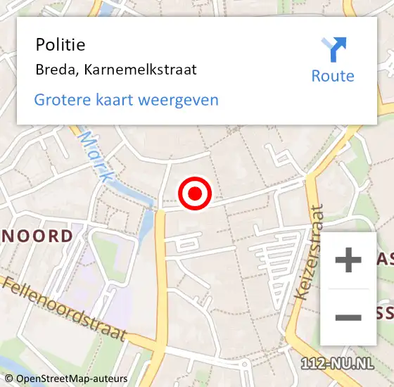 Locatie op kaart van de 112 melding: Politie Breda, Karnemelkstraat op 30 november 2024 20:42