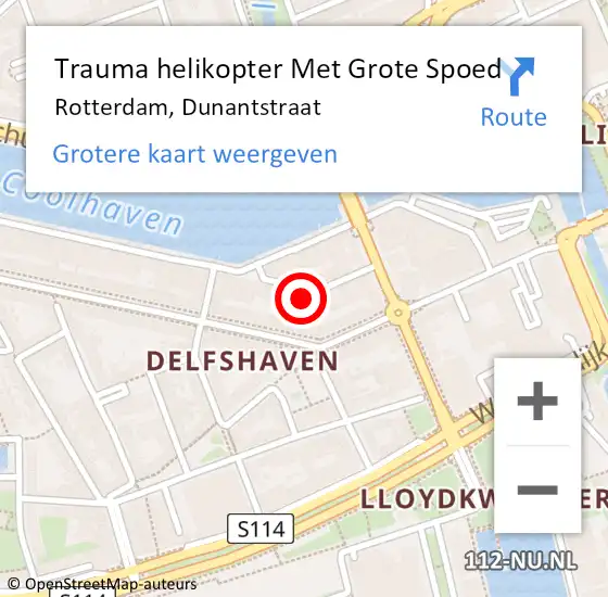 Locatie op kaart van de 112 melding: Trauma helikopter Met Grote Spoed Naar Rotterdam, Dunantstraat op 30 november 2024 21:45