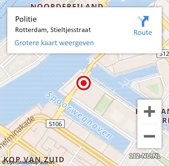 Locatie op kaart van de 112 melding: Politie Rotterdam, Stieltjesstraat op 30 november 2024 22:05