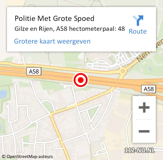 Locatie op kaart van de 112 melding: Politie Met Grote Spoed Naar Gilze en Rijen, A58 hectometerpaal: 48 op 30 november 2024 22:31