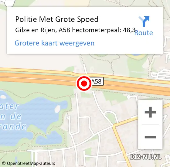 Locatie op kaart van de 112 melding: Politie Met Grote Spoed Naar Gilze en Rijen, A58 hectometerpaal: 48,3 op 30 november 2024 22:32