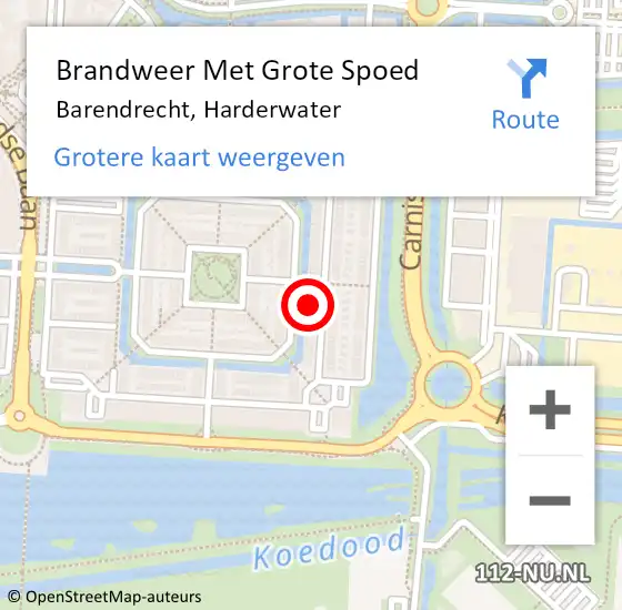 Locatie op kaart van de 112 melding: Brandweer Met Grote Spoed Naar Barendrecht, Harderwater op 1 december 2024 00:02