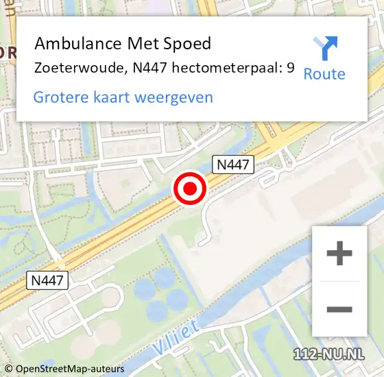 Locatie op kaart van de 112 melding: Ambulance Met Spoed Naar Zoeterwoude, N447 hectometerpaal: 9 op 1 december 2024 06:53