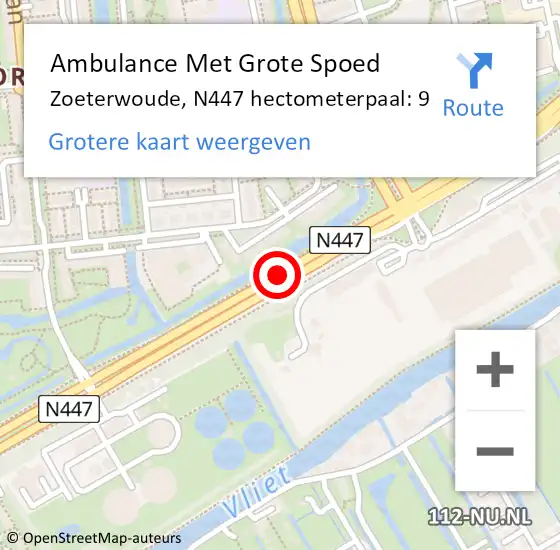 Locatie op kaart van de 112 melding: Ambulance Met Grote Spoed Naar Zoeterwoude, N447 hectometerpaal: 9 op 1 december 2024 06:58