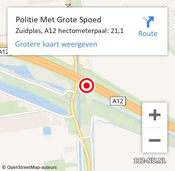 Locatie op kaart van de 112 melding: Politie Met Grote Spoed Naar Zuidplas, A12 hectometerpaal: 21,1 op 1 december 2024 07:04