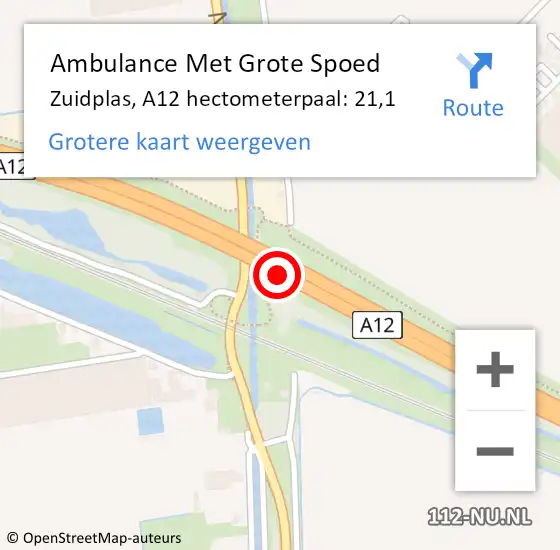 Locatie op kaart van de 112 melding: Ambulance Met Grote Spoed Naar Zuidplas, A12 hectometerpaal: 21,1 op 1 december 2024 07:05