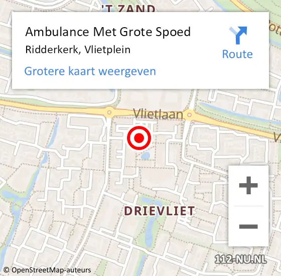 Locatie op kaart van de 112 melding: Ambulance Met Grote Spoed Naar Ridderkerk, Vlietplein op 1 december 2024 12:26