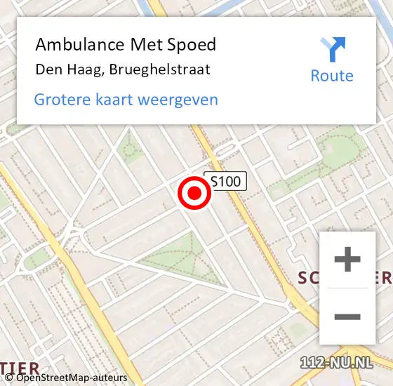 Locatie op kaart van de 112 melding: Ambulance Met Spoed Naar Den Haag, Brueghelstraat op 1 december 2024 23:53