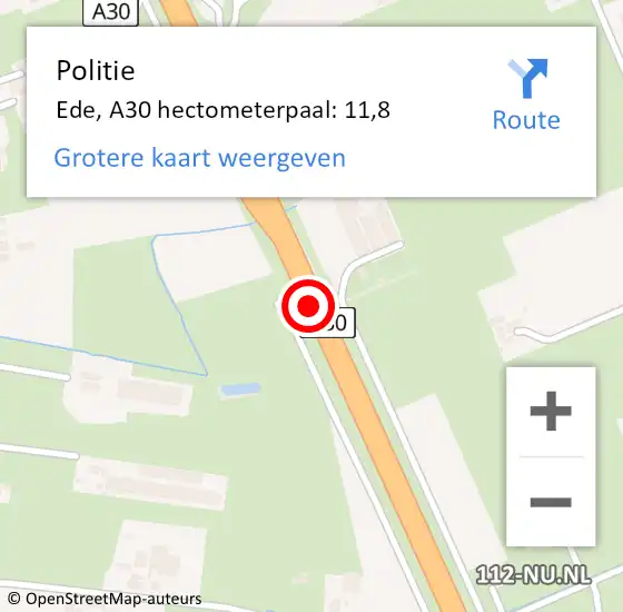 Locatie op kaart van de 112 melding: Politie Ede, A30 hectometerpaal: 11,8 op 1 december 2024 23:54