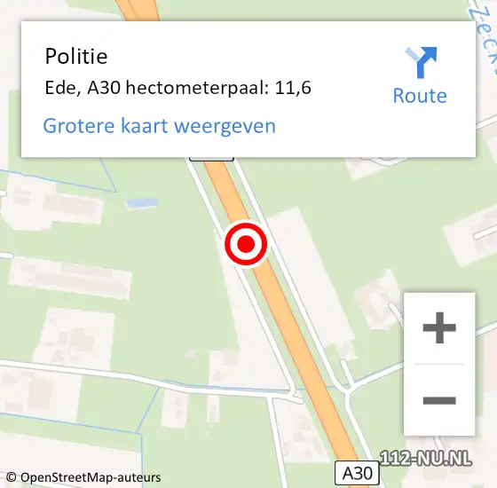 Locatie op kaart van de 112 melding: Politie Ede, A30 hectometerpaal: 11,6 op 1 december 2024 23:54