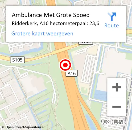 Locatie op kaart van de 112 melding: Ambulance Met Grote Spoed Naar Ridderkerk, A16 hectometerpaal: 23,6 op 2 december 2024 06:25