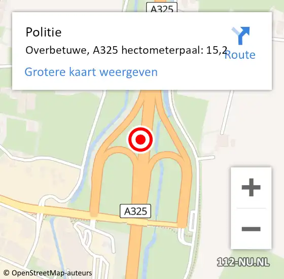 Locatie op kaart van de 112 melding: Politie Overbetuwe, A325 hectometerpaal: 15,2 op 2 december 2024 07:11