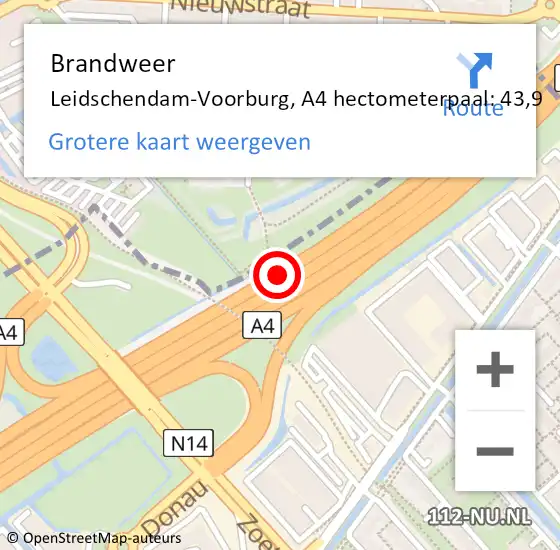 Locatie op kaart van de 112 melding: Brandweer Leidschendam-Voorburg, A4 hectometerpaal: 43,9 op 2 december 2024 07:23