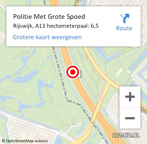 Locatie op kaart van de 112 melding: Politie Met Grote Spoed Naar Rijswijk, A13 hectometerpaal: 6,5 op 2 december 2024 07:26