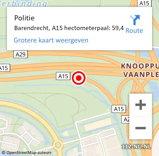 Locatie op kaart van de 112 melding: Politie Barendrecht, A15 hectometerpaal: 59,4 op 2 december 2024 08:19