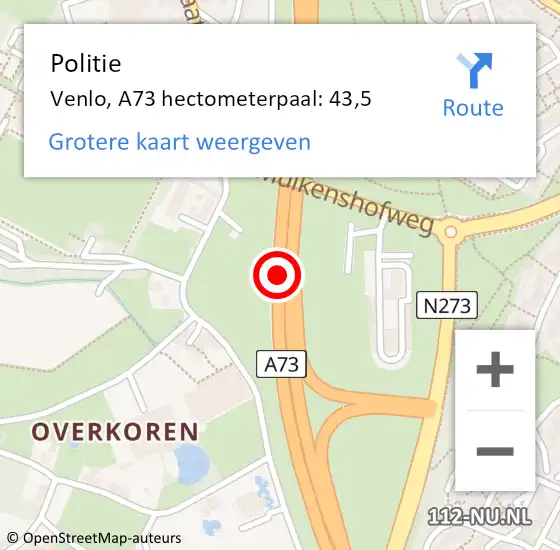 Locatie op kaart van de 112 melding: Politie Venlo, A73 hectometerpaal: 43,5 op 2 december 2024 08:30