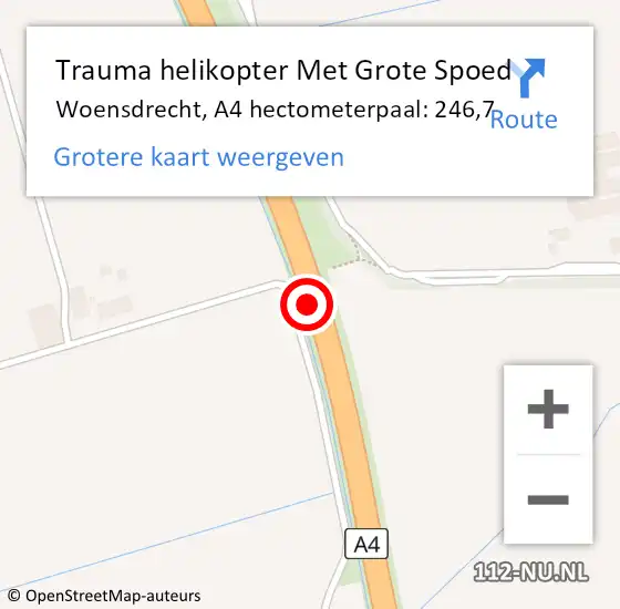 Locatie op kaart van de 112 melding: Trauma helikopter Met Grote Spoed Naar Woensdrecht, A4 hectometerpaal: 246,7 op 2 december 2024 10:46