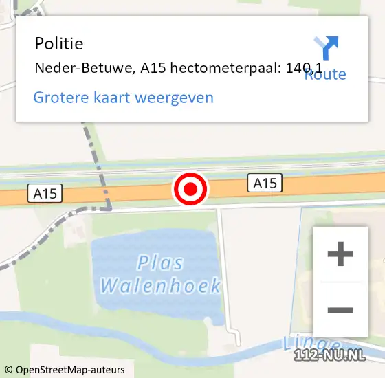 Locatie op kaart van de 112 melding: Politie Neder-Betuwe, A15 hectometerpaal: 140,1 op 2 december 2024 14:11