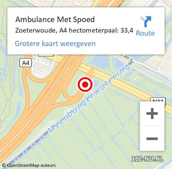 Locatie op kaart van de 112 melding: Ambulance Met Spoed Naar Zoeterwoude, A4 hectometerpaal: 33,4 op 2 december 2024 15:04