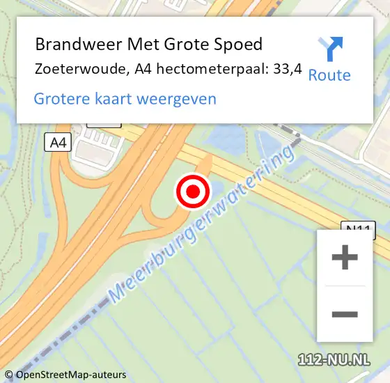 Locatie op kaart van de 112 melding: Brandweer Met Grote Spoed Naar Zoeterwoude, A4 hectometerpaal: 33,4 op 2 december 2024 15:14