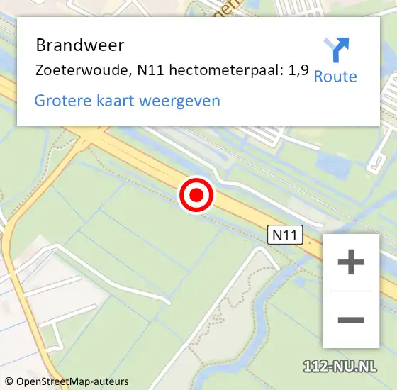 Locatie op kaart van de 112 melding: Brandweer Zoeterwoude, N11 hectometerpaal: 1,9 op 2 december 2024 15:24